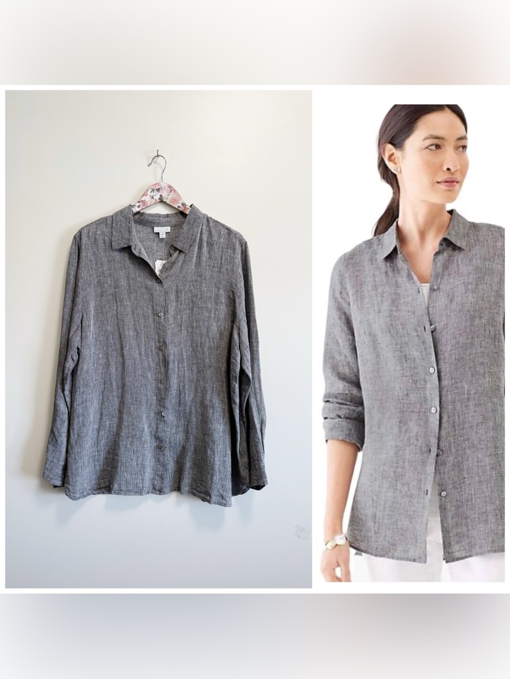 NWT J. JILL Love Linen Black White Gray Button Up Collared Top Blouse L Large